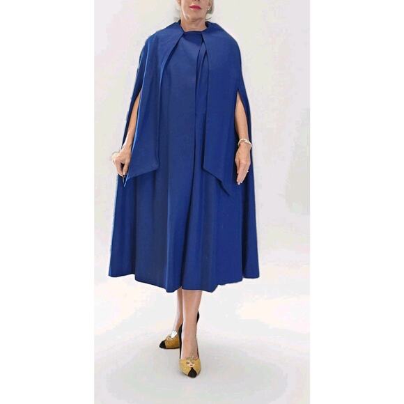 1950s‎ Merino Wool Cape Long Blue Coat Attached Scarf Museum Quality OS Vintage - Picture 2 of 12